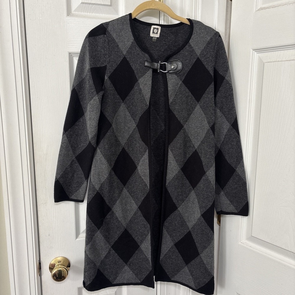 Anne Klein Cape Poncho Sweater Argyle Faux Leather Toggle Sz S Black